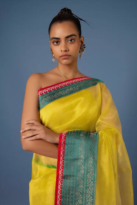 Buy_Ekaya Banaras_Yellow Organza Embroidery Banarasi Kadwa Saree_Online_at_Aza_Fashions