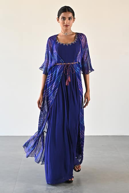 Shop_K-Anshika_Blue Georgette Beads, Sequins, Embroidery Leheriya Pattern Cape And Dress Set _Online_at_Aza_Fashions