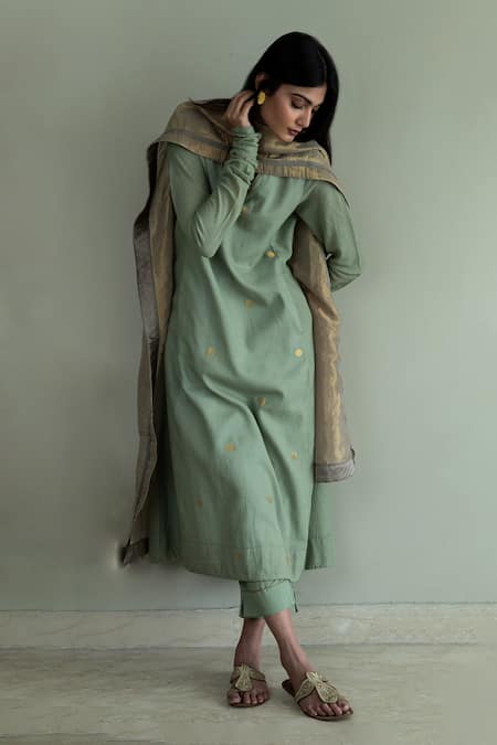 Shorshe Clothing_Green Jacquard, Cotton Embroidery V-neck Anu Placement Woven Kurta And Pant Set_Online_at_Aza_Fashions