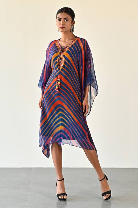 K-Anshika_Blue Georgette Beads, Sequins Keyhole Neck Embellished Wave Pattern Dress _Online_at_Aza_Fashions