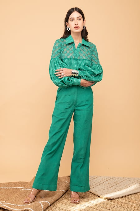 Kalakaari By Sagarika_Green Cotton, Crepe Embroidery Collared Floral Lace Shirt And Pant Set _Online_at_Aza_Fashions