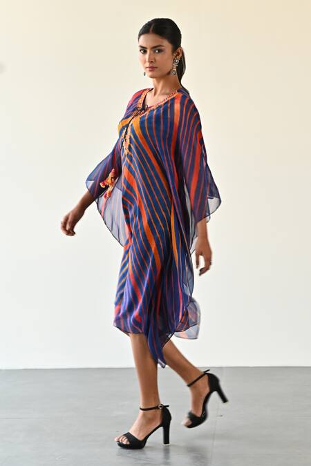 Buy_K-Anshika_Blue Georgette Beads, Sequins Keyhole Neck Embellished Wave Pattern Dress _Online_at_Aza_Fashions