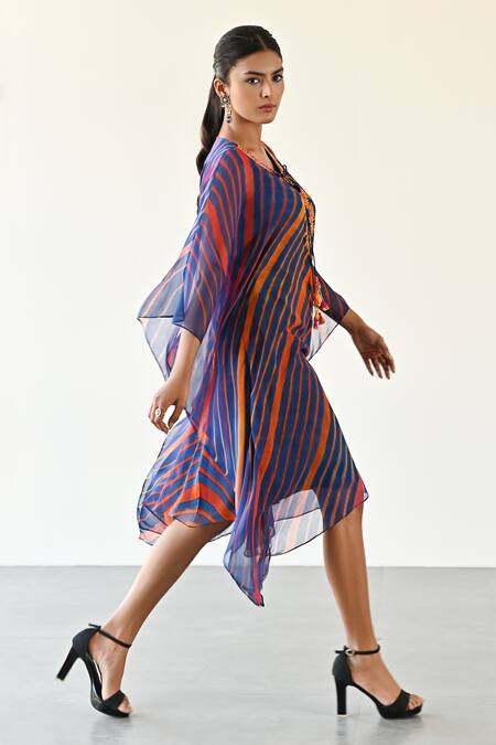 Shop_K-Anshika_Blue Georgette Beads, Sequins Keyhole Neck Embellished Wave Pattern Dress _Online_at_Aza_Fashions