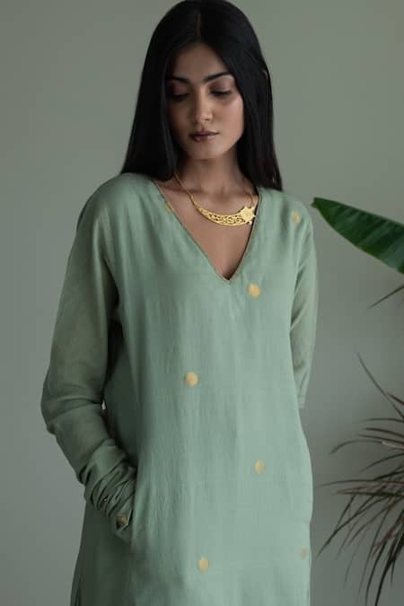 Shop_Shorshe Clothing_Green Jacquard, Cotton Embroidery V-neck Anu Placement Woven Kurta And Pant Set_Online_at_Aza_Fashions