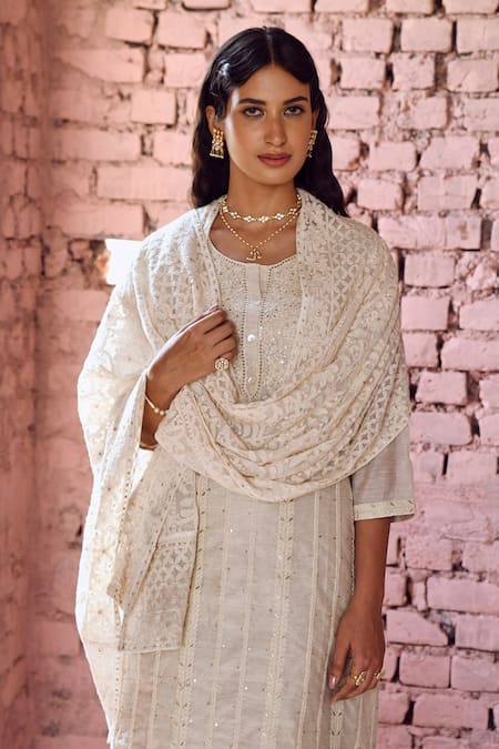 Buy Karaj Jaipur Ivory Chanderi, Cotton, Chiffon Sequins, Embroidery Round Chikankari Kurta Set Online at Aza Fashions Buy_Karaj Jaipur_Ivory Chanderi, Cotton, Chiffon Sequins, Embroidery Round Chikankari Kurta Set _Online_at_Aza_Fashions