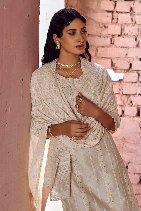 Shop Karaj Jaipur Ivory Chanderi, Cotton, Chiffon Sequins, Embroidery Round Chikankari Kurta Set Online at Aza Fashions Shop_Karaj Jaipur_Ivory Chanderi, Cotton, Chiffon Sequins, Embroidery Round Chikankari Kurta Set _Online_at_Aza_Fashions
