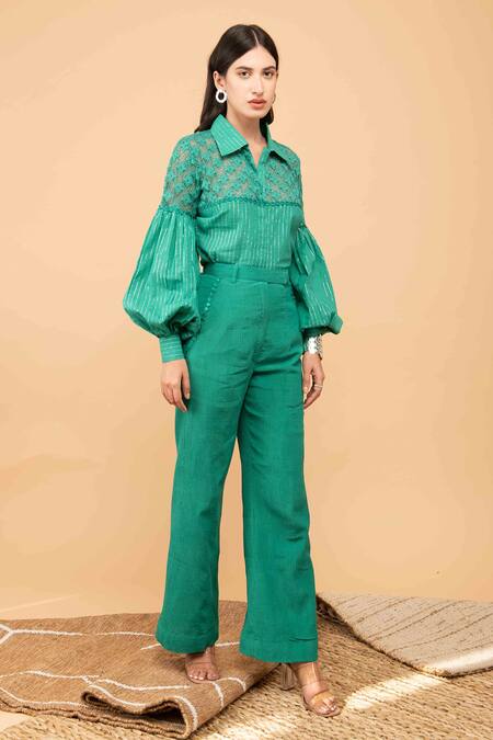 Buy_Kalakaari By Sagarika_Green Cotton, Crepe Embroidery Collared Floral Lace Shirt And Pant Set _Online_at_Aza_Fashions