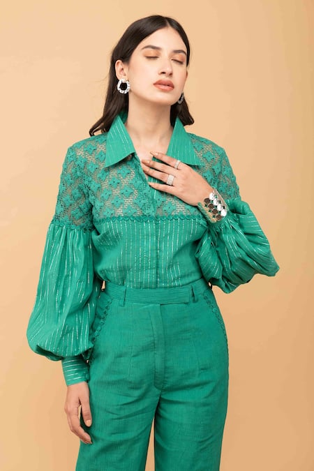 Shop_Kalakaari By Sagarika_Green Cotton, Crepe Embroidery Collared Floral Lace Shirt And Pant Set _Online_at_Aza_Fashions