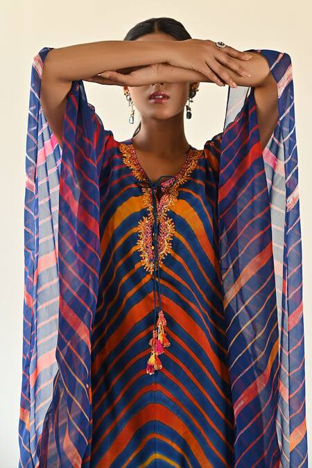 K-Anshika_Blue Georgette Beads, Sequins Keyhole Neck Embellished Wave Pattern Dress _at_Aza_Fashions