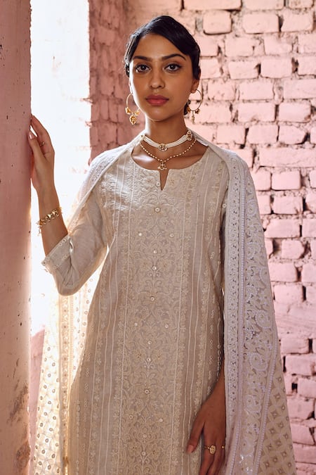 Buy Karaj Jaipur Ivory Chanderi, Cotton, Chiffon Embroidery, Sequins Chikankari Thread Kurta Set Online at Aza Fashions Buy_Karaj Jaipur_Ivory Chanderi, Cotton, Chiffon Embroidery, Sequins Chikankari Thread Kurta Set _Online_at_Aza_Fashions