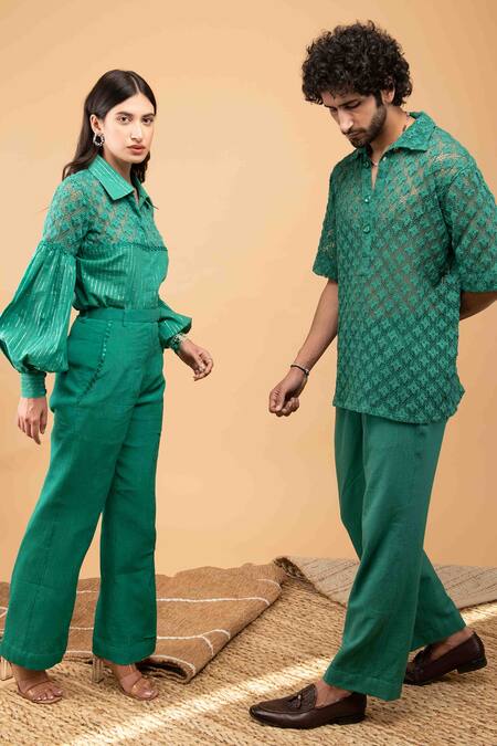 Kalakaari By Sagarika_Green Cotton, Crepe Embroidery Collared Floral Lace Shirt And Pant Set _at_Aza_Fashions