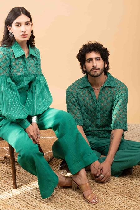 Kalakaari By Sagarika_Green Cotton Printed Geometrical Crochet Shirt With Pant Set _Online_at_Aza_Fashions