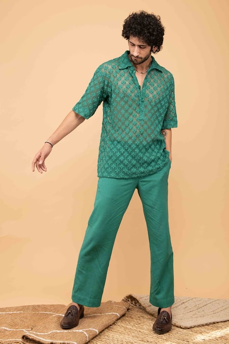 Buy_Kalakaari By Sagarika_Green Cotton Printed Geometrical Crochet Shirt With Pant Set _Online_at_Aza_Fashions