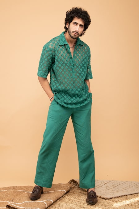 Shop_Kalakaari By Sagarika_Green Cotton Printed Geometrical Crochet Shirt With Pant Set _Online_at_Aza_Fashions