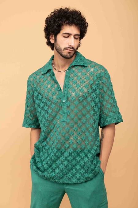 Kalakaari By Sagarika_Green Cotton Printed Geometrical Crochet Shirt With Pant Set _at_Aza_Fashions