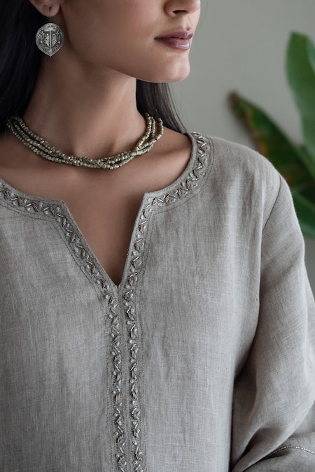 Buy_Shorshe Clothing_Grey Handloom Cotton, Cotton, Linen Split V-neck Stripe Pattern Kurta And Pant Set_Online_at_Aza_Fashions