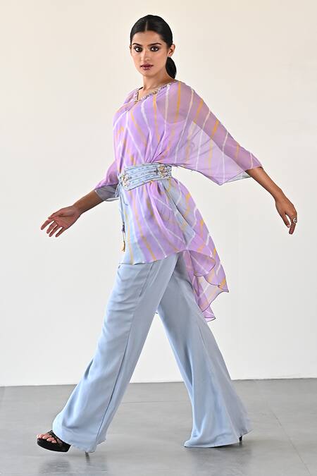 Buy_K-Anshika_Purple Georgette Beads, Sequins V-neck Chevron Pattern Top Pant Set _Online_at_Aza_Fashions