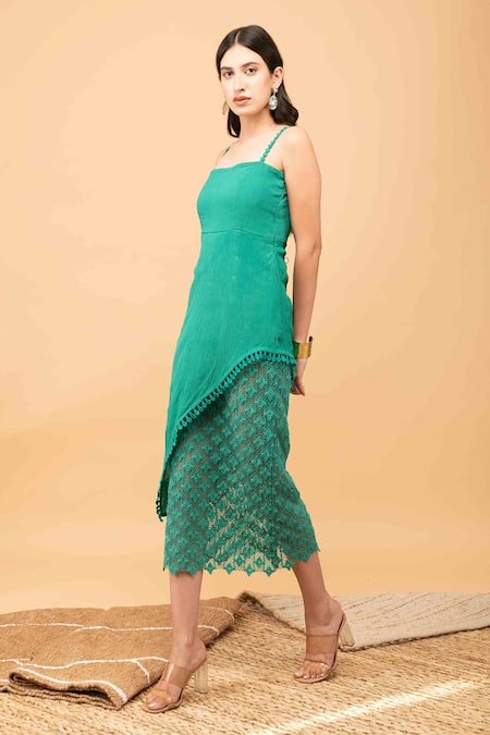 Buy Kalakaari By Sagarika Green Cotton, Crepe Embroidery Floral Lace Midi Dress Online at Aza Fashions Buy_Kalakaari By Sagarika_Green Cotton, Crepe Embroidery Floral Lace Midi Dress_Online_at_Aza_Fashions