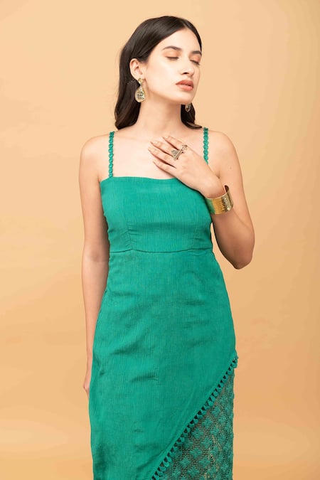 Shop Kalakaari By Sagarika Green Cotton, Crepe Embroidery Floral Lace Midi Dress Online at Aza Fashions Shop_Kalakaari By Sagarika_Green Cotton, Crepe Embroidery Floral Lace Midi Dress_Online_at_Aza_Fashions