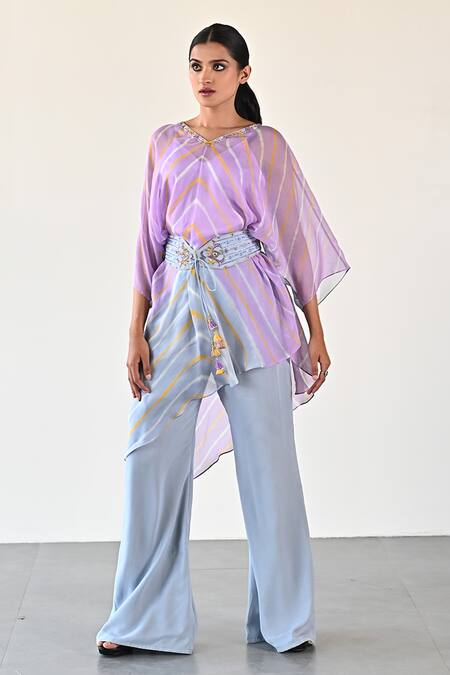 Shop_K-Anshika_Purple Georgette Beads, Sequins V-neck Chevron Pattern Top Pant Set _Online_at_Aza_Fashions