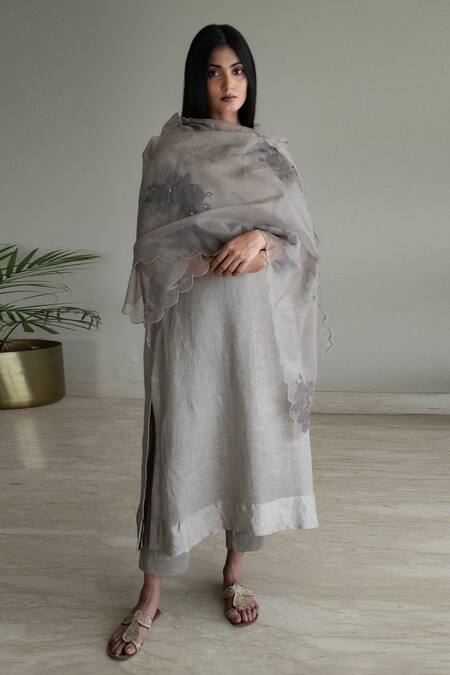 Shop_Shorshe Clothing_Grey Handloom Cotton, Cotton, Linen Split V-neck Stripe Pattern Kurta And Pant Set_Online_at_Aza_Fashions