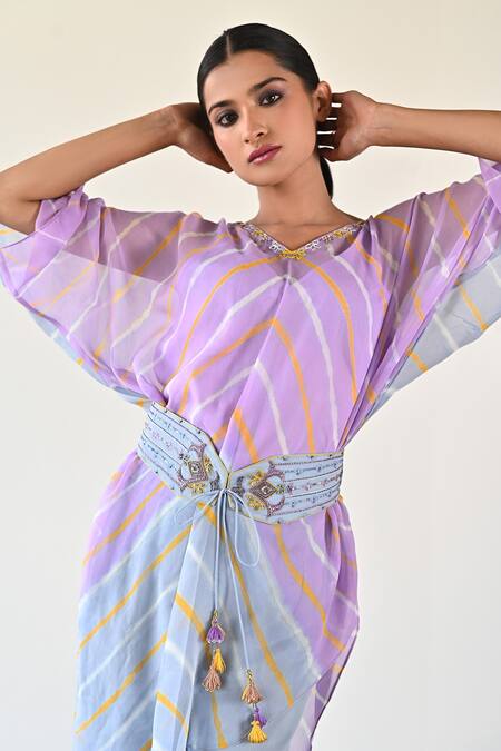 K-Anshika_Purple Georgette Beads, Sequins V-neck Chevron Pattern Top Pant Set _at_Aza_Fashions