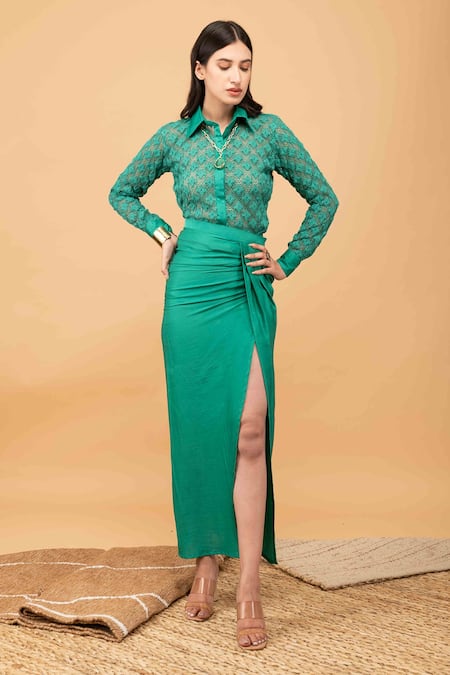 Kalakaari By Sagarika_Green Cotton, Modal Embroidery Collared Floral Crochet Shirt And Skirt Set _Online_at_Aza_Fashions