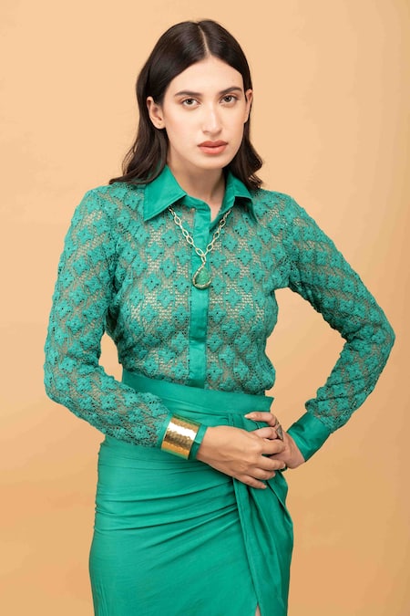 Buy_Kalakaari By Sagarika_Green Cotton, Modal Embroidery Collared Floral Crochet Shirt And Skirt Set _Online_at_Aza_Fashions