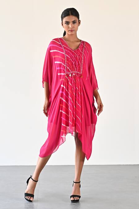 K-Anshika_Multi Color Georgette Beads, Sequins Round Neck Front Gathered Asymmetric Dress _Online_at_Aza_Fashions