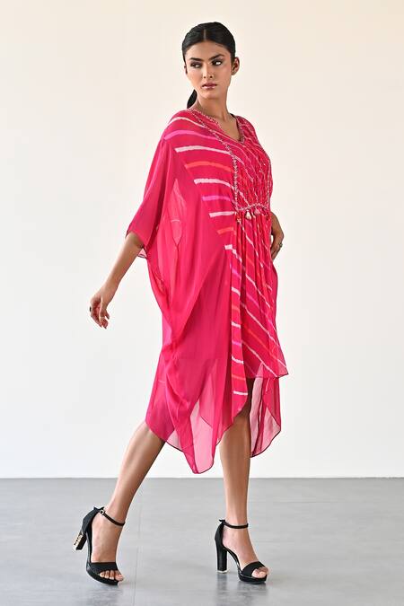 Buy_K-Anshika_Multi Color Georgette Beads, Sequins Round Neck Front Gathered Asymmetric Dress _Online_at_Aza_Fashions