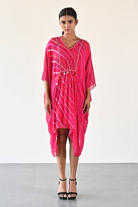 Shop_K-Anshika_Multi Color Georgette Beads, Sequins Round Neck Front Gathered Asymmetric Dress _Online_at_Aza_Fashions