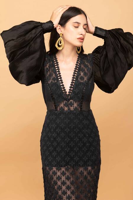 Buy_Kalakaari By Sagarika_Black Cotton, Chanderi Silk Embroidery V-neck Bishop Sleeve Floral Crochet Dress _Online_at_Aza_Fashions