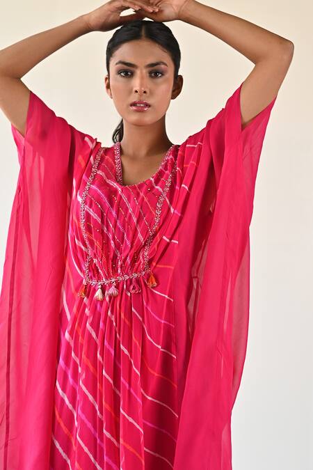 K-Anshika_Multi Color Georgette Beads, Sequins Round Neck Front Gathered Asymmetric Dress _at_Aza_Fashions