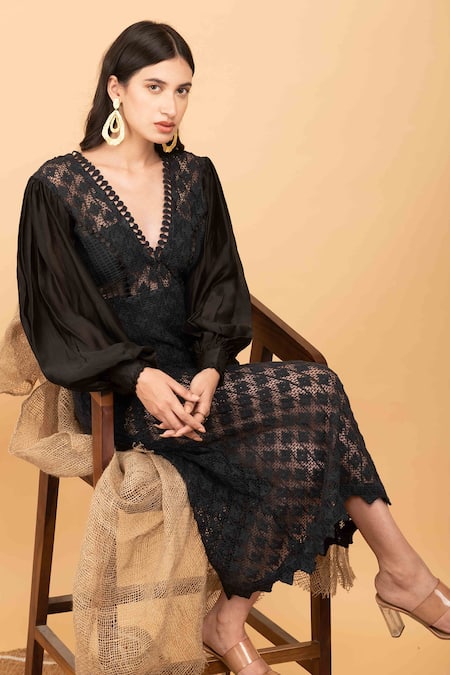 Shop_Kalakaari By Sagarika_Black Cotton, Chanderi Silk Embroidery V-neck Bishop Sleeve Floral Crochet Dress _Online_at_Aza_Fashions