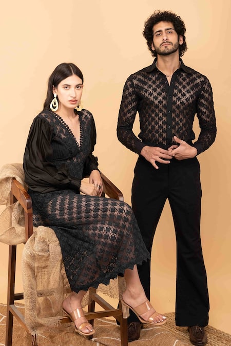 Kalakaari By Sagarika_Black Cotton, Chanderi Silk Embroidery V-neck Bishop Sleeve Floral Crochet Dress _at_Aza_Fashions