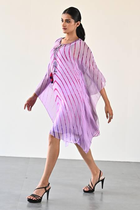 K-Anshika_Purple Georgette Beads, Sequins Keyhole Neck Leheriya Pattern Dress _Online_at_Aza_Fashions