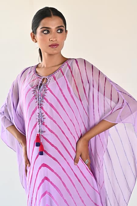 Buy_K-Anshika_Purple Georgette Beads, Sequins Keyhole Neck Leheriya Pattern Dress _Online_at_Aza_Fashions