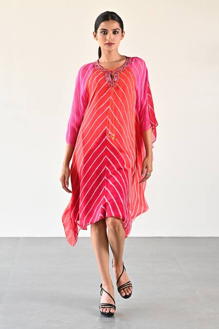 Buy_K-Anshika_Multi Color Georgette Beads, Sequins Keyhole Neck Chevron Pattern Dress _Online_at_Aza_Fashions