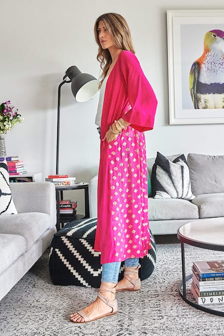 Style Junkiie_Pink Chiffon, Crepe Diamonds Open Neck Kimono Duster _Online_at_Aza_Fashions