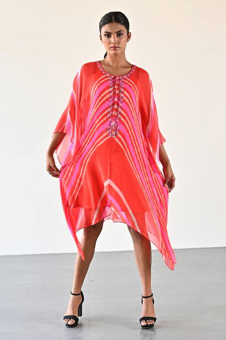 K-Anshika Multi Color Georgette Beads, Sequins Keyhole Neck Embellished Stripe Dress Online at Aza Fashions K-Anshika_Multi Color Georgette Beads, Sequins Keyhole Neck Embellished Stripe Dress _Online_at_Aza_Fashions