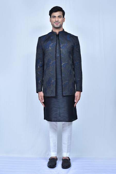 Buy_Arihant Rai Sinha_Black Silk, Jacquard Embroidery Floral Print Coat And Kurta Set _Online_at_Aza_Fashions