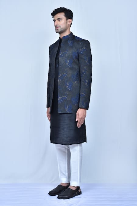 Shop_Arihant Rai Sinha_Black Silk, Jacquard Embroidery Floral Print Coat And Kurta Set _Online_at_Aza_Fashions