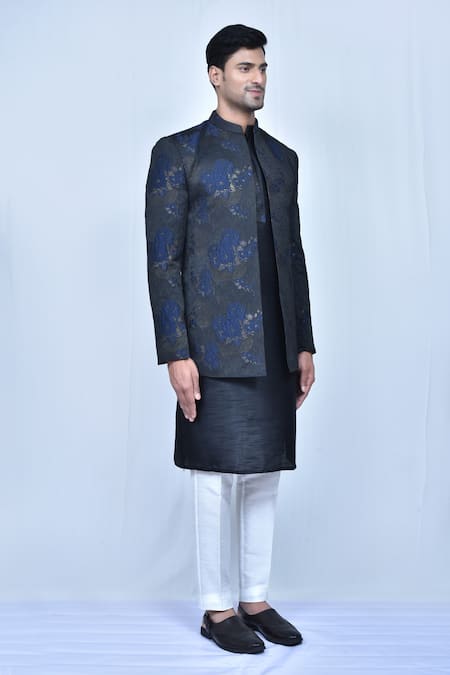 Arihant Rai Sinha_Black Silk, Jacquard Embroidery Floral Print Coat And Kurta Set _at_Aza_Fashions