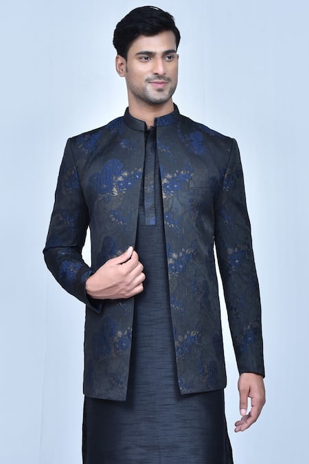 Buy_Arihant Rai Sinha_Black Silk, Jacquard Embroidery Floral Print Coat And Kurta Set 