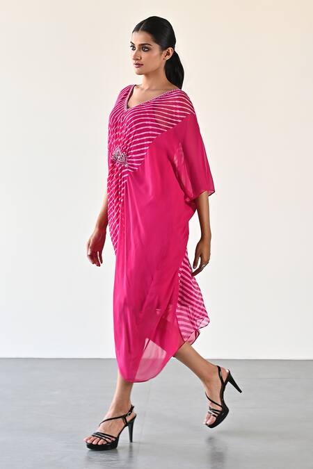 K-Anshika_Pink Georgette Beads, Sequins Round Neck Gathered Draped Midi Dress _Online_at_Aza_Fashions
