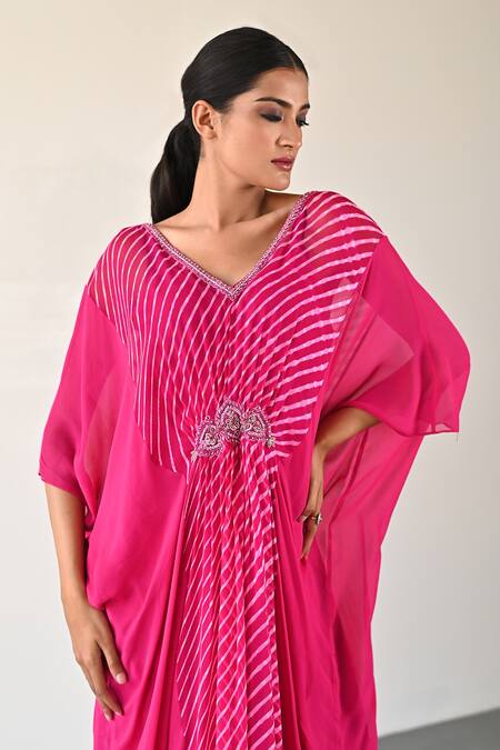 Buy_K-Anshika_Pink Georgette Beads, Sequins Round Neck Gathered Draped Midi Dress _Online_at_Aza_Fashions