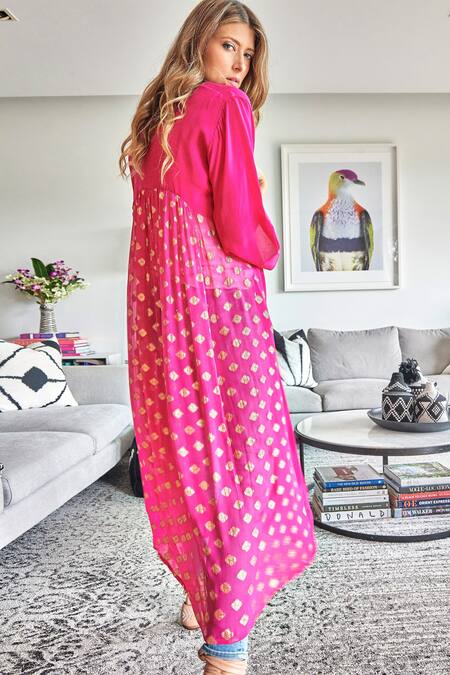 Shop_Style Junkiie_Pink Chiffon, Crepe Diamonds Open Neck Kimono Duster _Online_at_Aza_Fashions