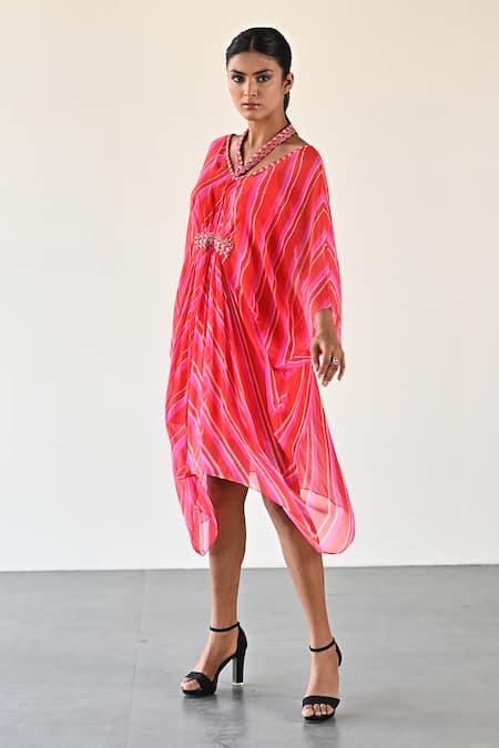 K-Anshika_Orange Georgette Beads, Sequins V-neck, Sweetheart Front Gathered Kaftan Dress _Online_at_Aza_Fashions