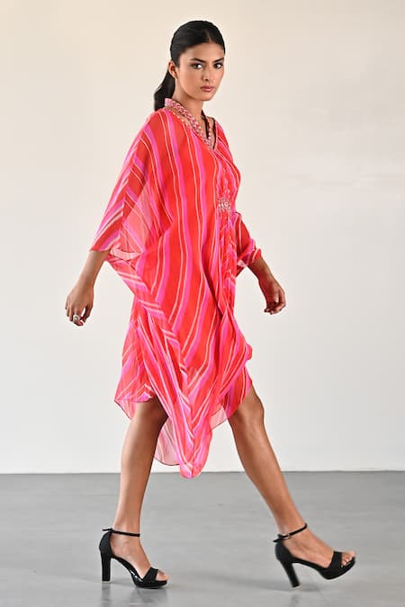 Buy_K-Anshika_Orange Georgette Beads, Sequins V-neck, Sweetheart Front Gathered Kaftan Dress _Online_at_Aza_Fashions