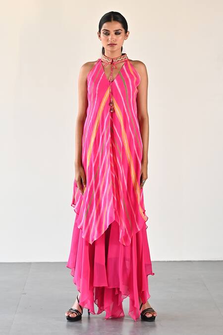 K-Anshika_Pink Georgette Beads, Sequins Keyhole Stripe Pattern Top And Handkerchief Pant Set _Online_at_Aza_Fashions